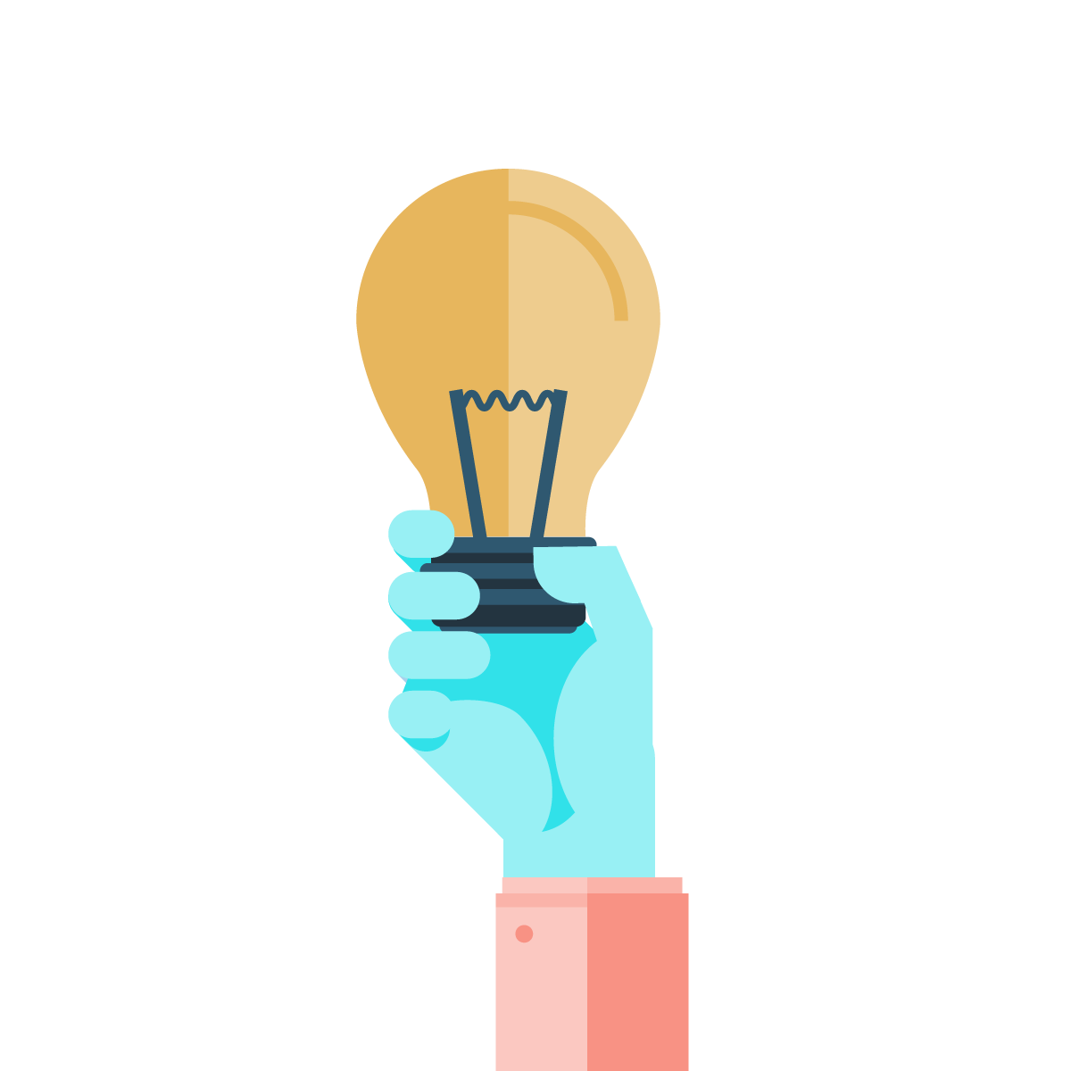 Kuvitus kädestä, joka pitelee hehkulamppua. Lamppu on kirkas ja sen ympärillä on säteitä, jotka symboloivat ideoita tai oivalluksia. Kuvitus viittaa luovuuteen, innovaatioon tai uuden idean syntymiseen.