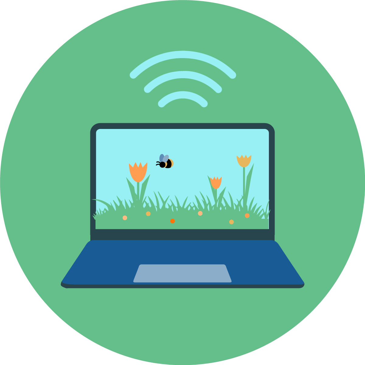 Kuvitus, jossa kannettavan tietokoneen ruudulla näkyy kukkia, ruohoa ja lentävä mehiläinen. Tietokoneen yläpuolella on langattoman verkon symboli, joka viittaa luonnon ja digitaalisen maailman yhdistymiseen tai etätyöhön luonnonläheisessä ympäristössä. Kuva vihreän ympyrän sisällä.