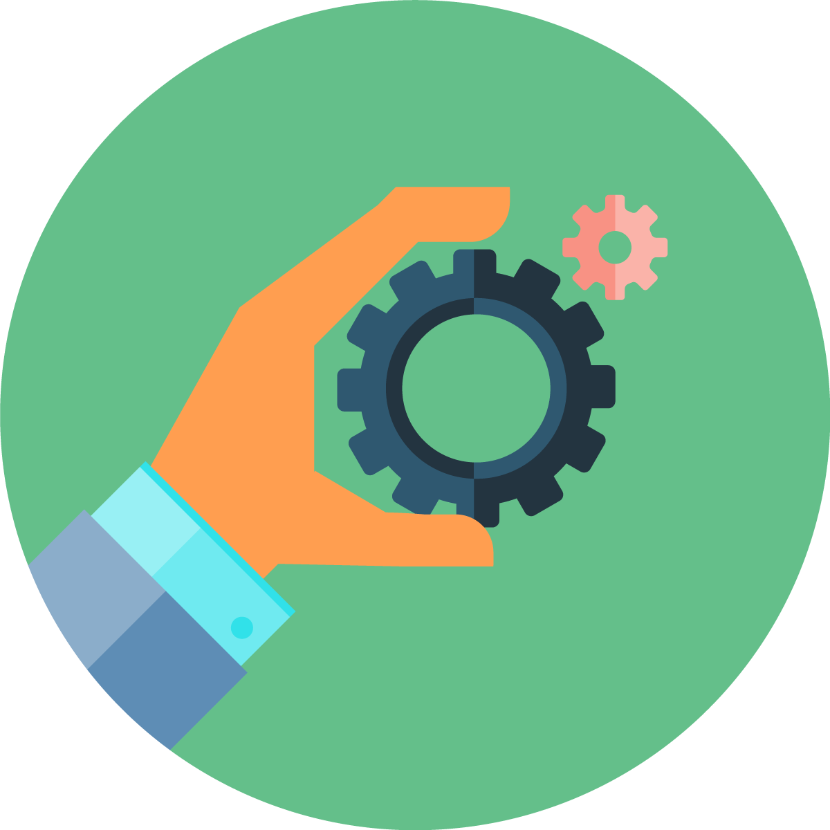 Kuvituskuva kädestä, joka pitelee suurta hammasratasta. Taustalla näkyy myös pienempi vaaleanpunainen hammasratas. Vihreä ympyrä toimii taustana. Kuva symboloi teknologiaa, kehittämistä tai järjestelmien hallintaa.