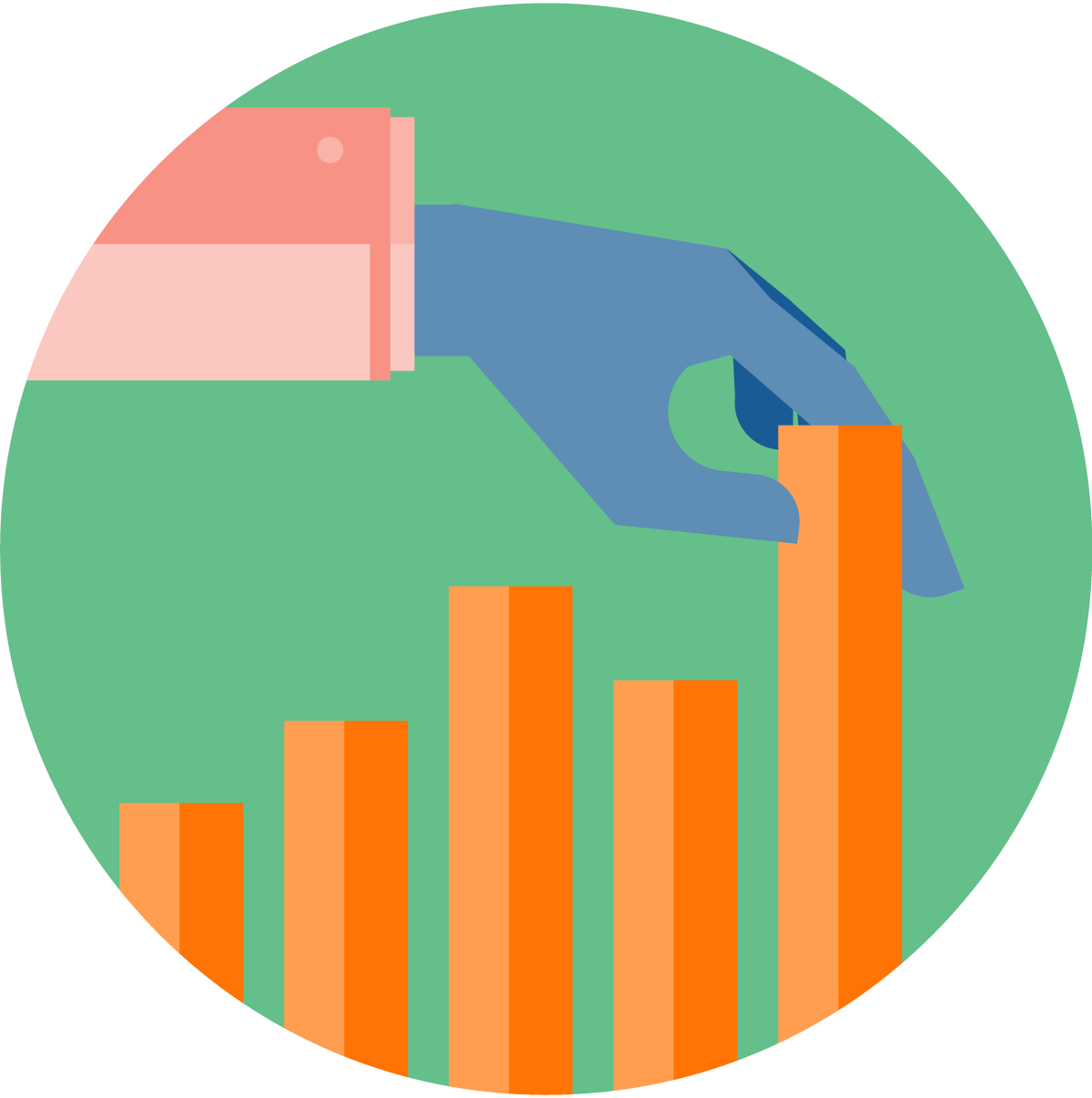 Sininen käsi, jossa vaaleanpunainen hiha, asettelee korkeinta pylvästä oranssista pylväsdiagrammista, jossa näkyy viisi pylvästä eri korkeuksilla vihreän pyöreän taustan takana. Kuvitus symboloi kasvua, kehitystä ja tavoitteiden saavuttamista.