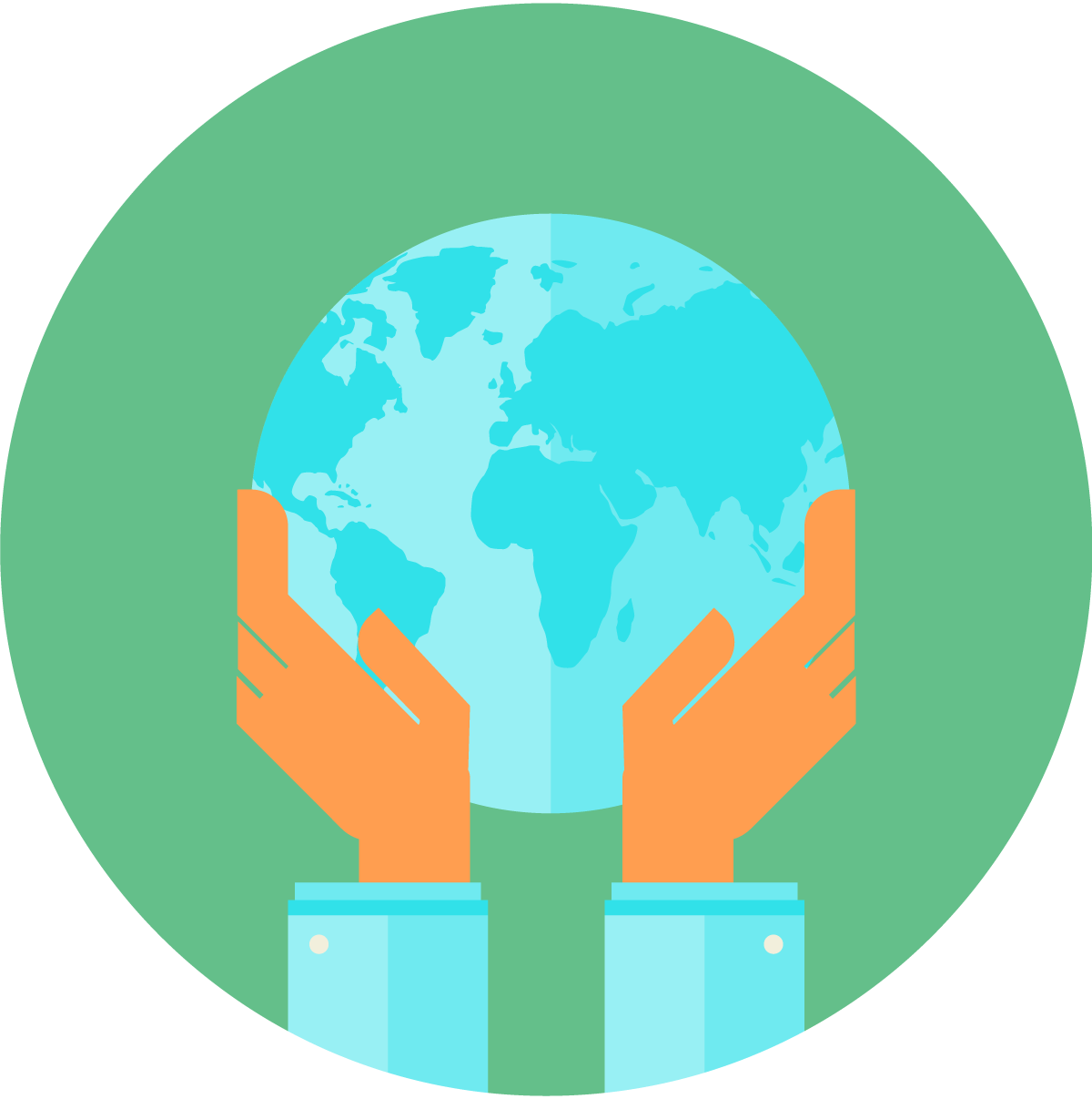 Kaksi oranssia kättä pitelee sinisävyistä maapalloa vihreän ympyrän sisällä. Maapallossa näkyy erityisesti Afrikan ja Euroopan mantereet. Kuvitus viestii ympäristönsuojelusta ja vastuullisuudesta.