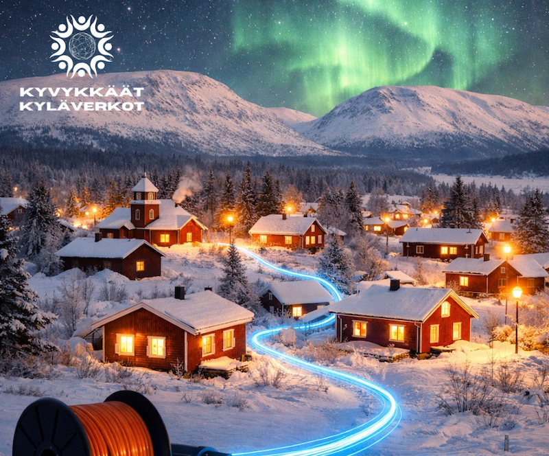 Tekoälykuva elävästä lappilaisesta kylästä, jossa ovat toimivat tietoliikenneyhteydet