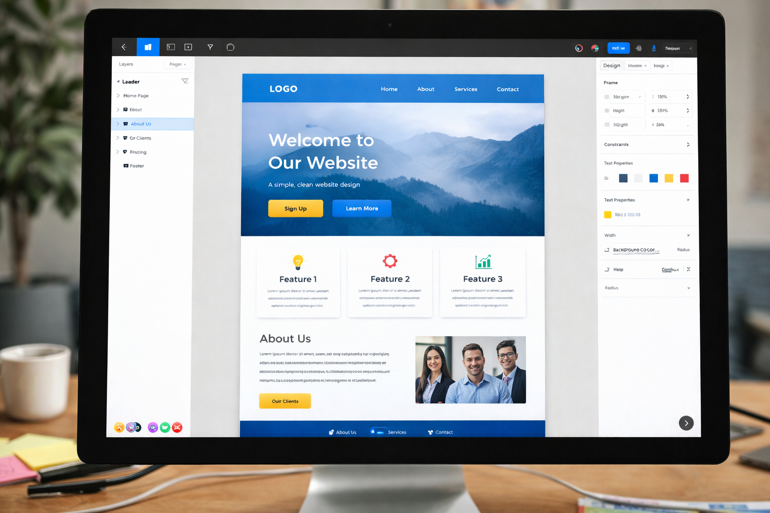 Tietokoneen näyttö jossa on digitaalisella suunnittelutyökalulla tehty verkkosivun malli, jossa on valikko, kuvia, toiminnallisuuksia ja painikkeita.