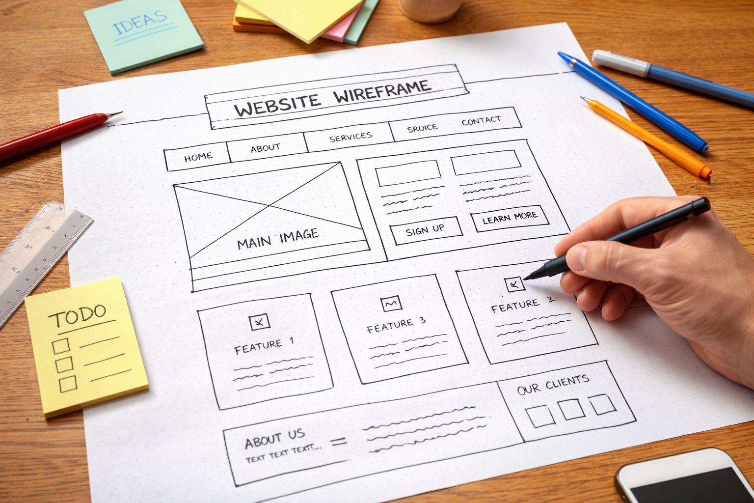 Paperille piirretty verkkosivun rautalankamallin hahmotelma, jossa näkyy valikko, kuvan paikka ja paikat toiminnallisuuksille.