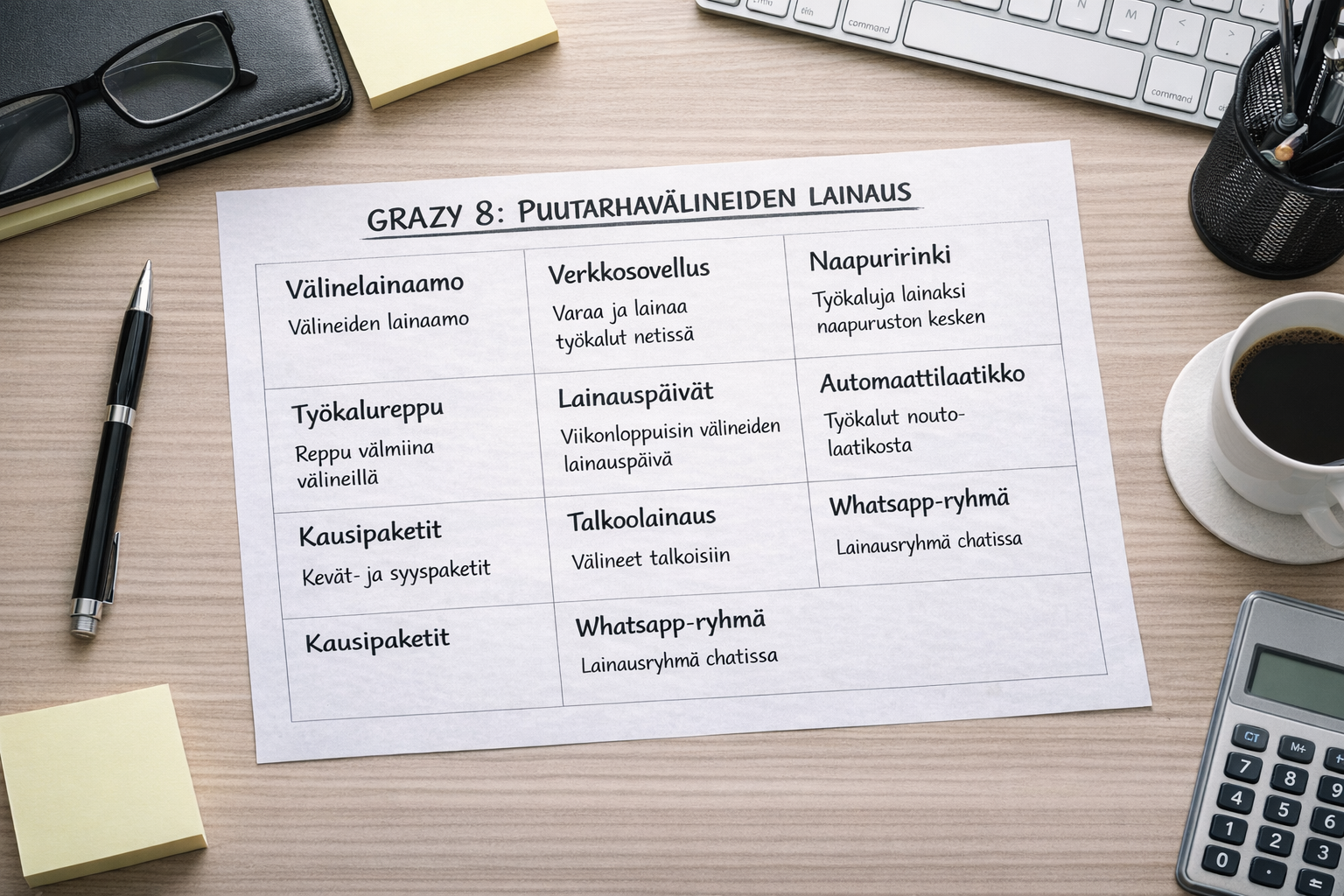 Harjoitus jossa paperille on kirjoitettu käsin kahdeksan eri ideaa puutarhatyökalujen vuokraukseen.